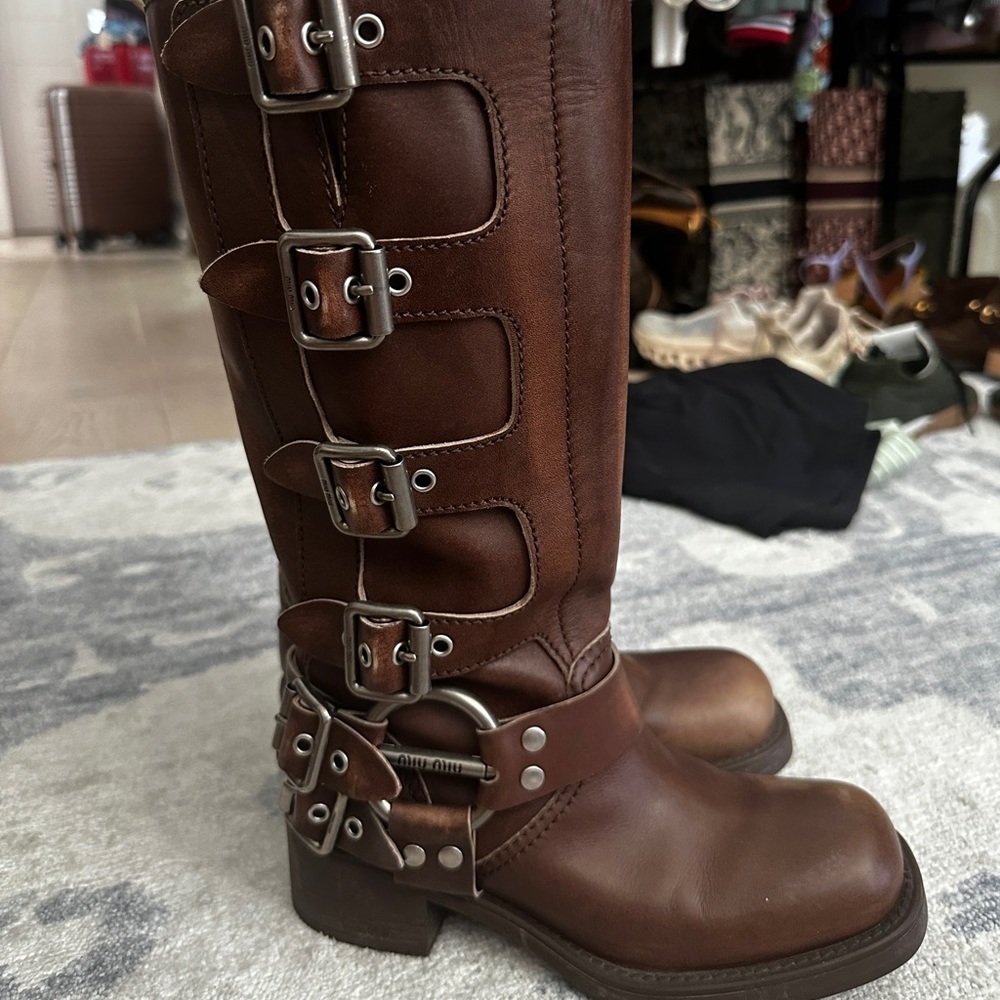 Miu Miu Brown Leather Buckle Boots - Picture 3 of 4